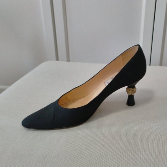 Italian Black Grosgrain Fabric Pumps with gold ball ornamented heel - Picture 2 of 5